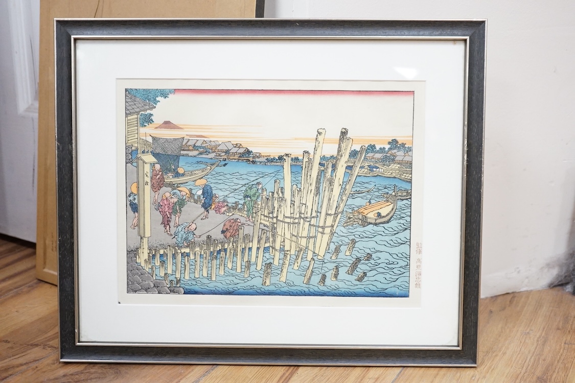 A set of ten Japanese woodblock prints to include ‘Great wave off the coast of Kanagawa’, ‘Fishermen at Kajikazawa’ and ‘Evening shower’, largest 25 x 36cm. Condition - fair
